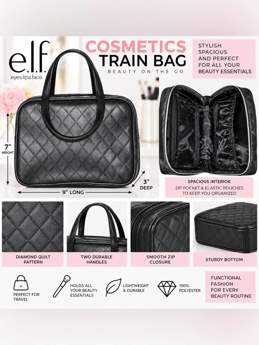 E.L.F. COSMETICS DIAMOND QUILTED TRAIN BAG - BLACK (NEW WITH TAGS) A30
